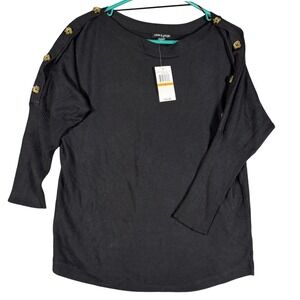 Cable‎ & Gauge Womens S Black Knit Sweater Button Shoulder Preppy Boatneck